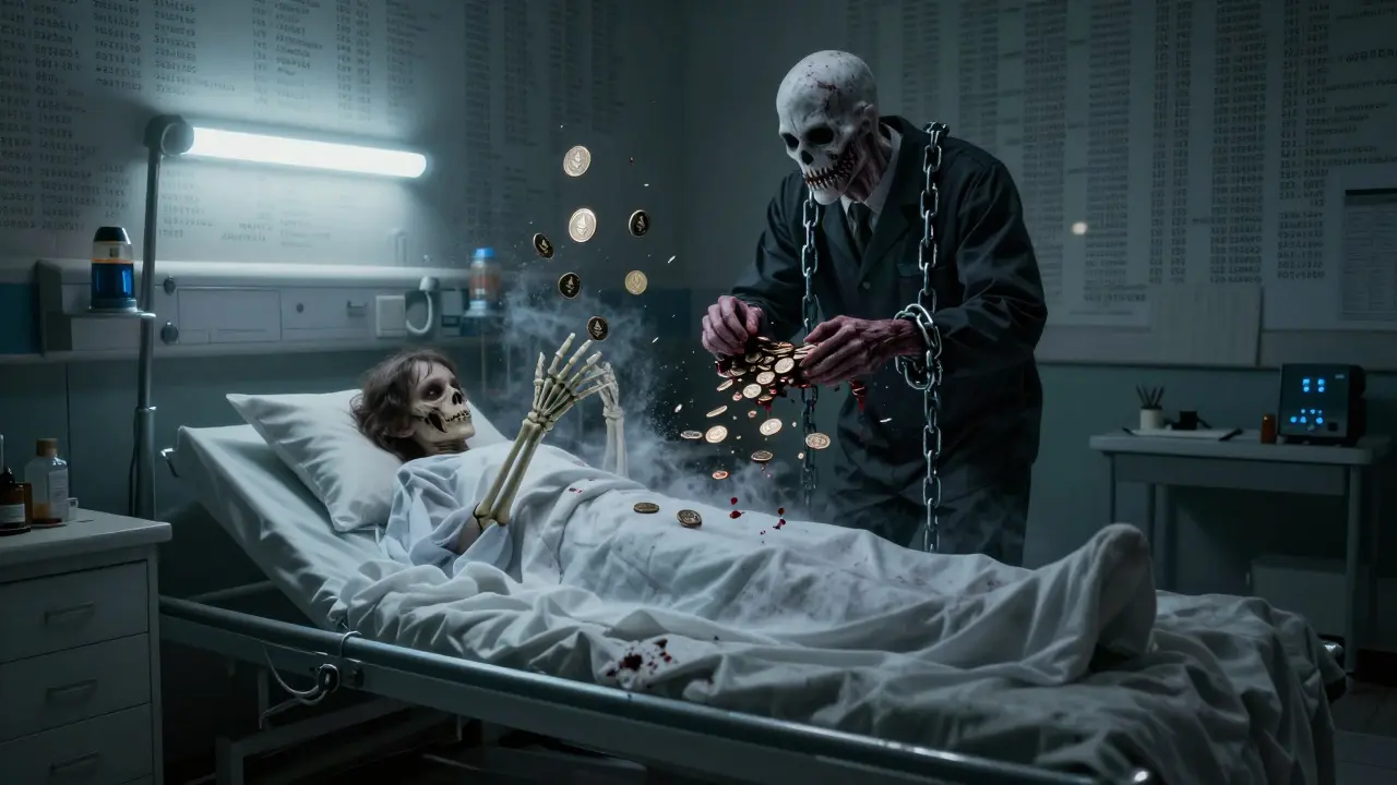 Dans un hôpital dévasté, des couvertures fantômes se forment à partir de tokens cryptos qui disparaissent avant d’atteindre un enfant squelettique.