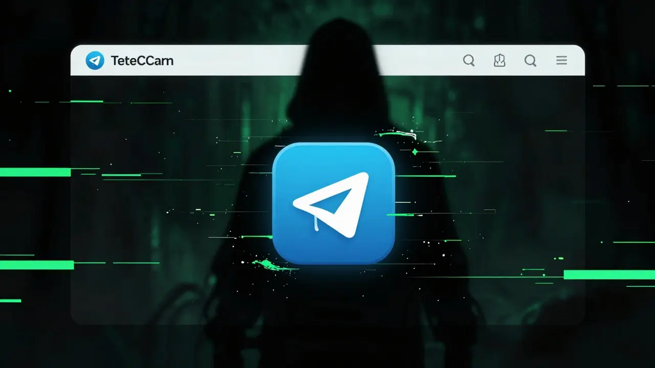Écran de Telegram corrompu avec logos déformés, entité sombre émergeant.