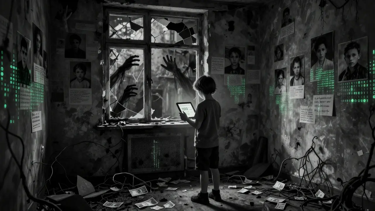 En Ukraine, un enfant tient une tablette affichant des balances USDT dans une pièce ruinée, des mains fantomatiques transmettent de l'argent.