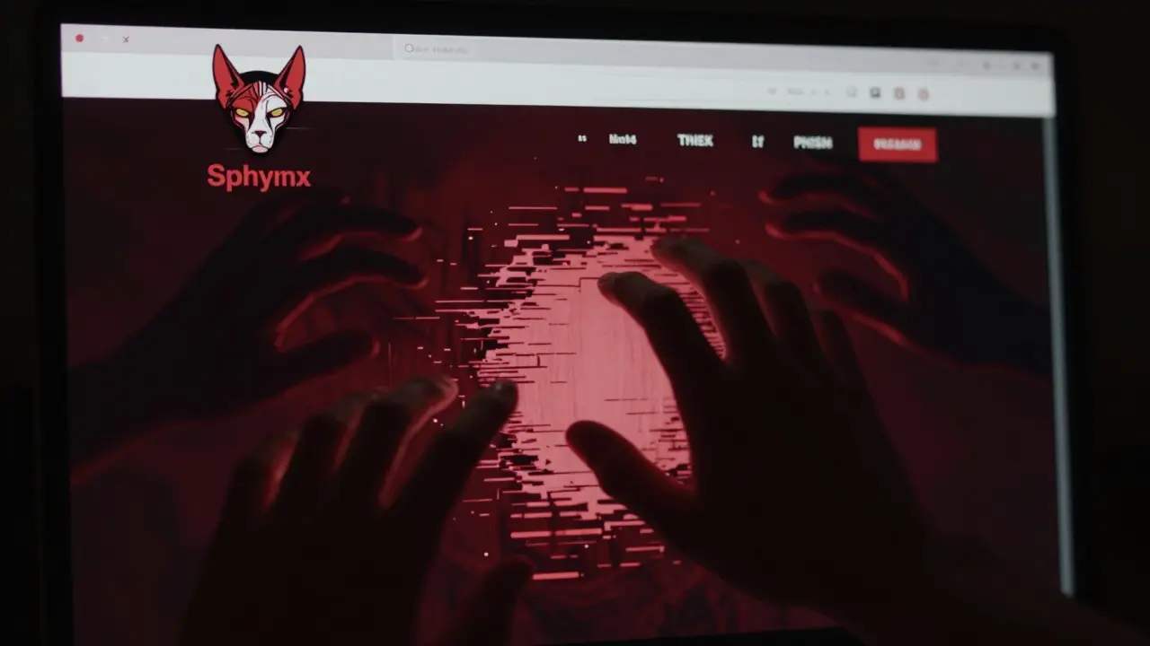Interface web corrompue avec logo Sphynx déformé, mains ombreuses sortant de l'écran.