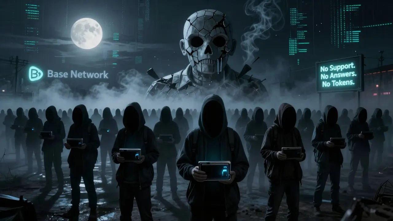 Marché cryptographique déserté où 107 500 fantômes tiennent des portefeuilles vides sous une statue de BSWAP brisée.