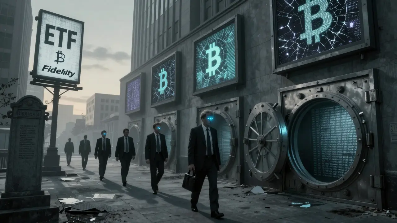 Quartier financier américain abandonné, des panneaux ETF pourris affichent des logos Bitcoin qui clignotent comme des spectres.