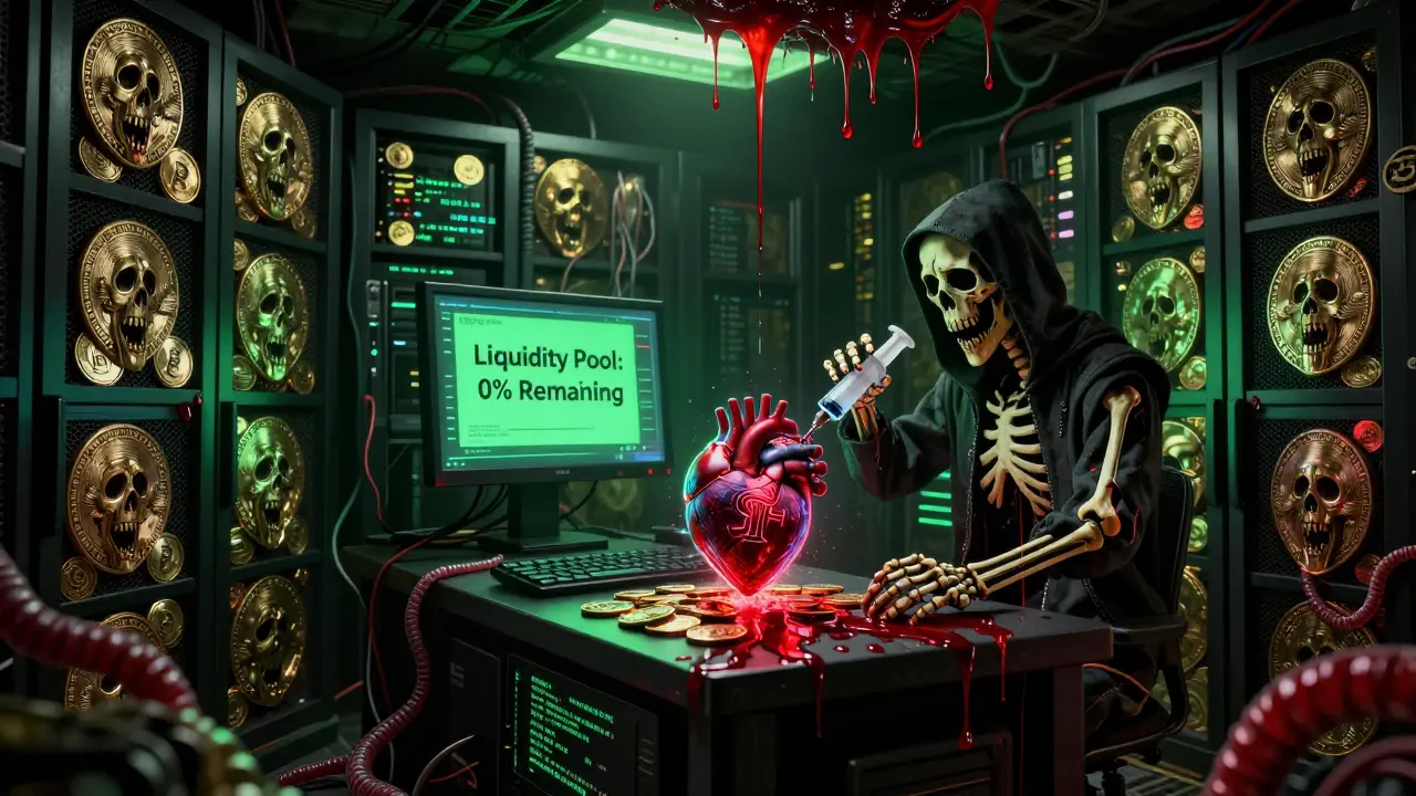 Salle serveur souterraine hantée où des tokens crient, un utilisateur injecte des BSWAP dans un cœur de ETH.