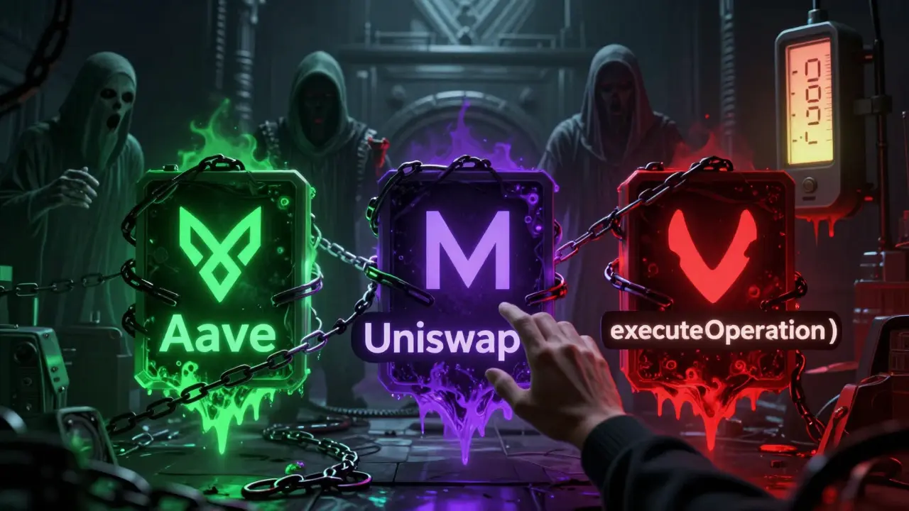 Trois protocoles DeFi maudits émettent une lumière pourpre, enchaînés par des normes corrompues.