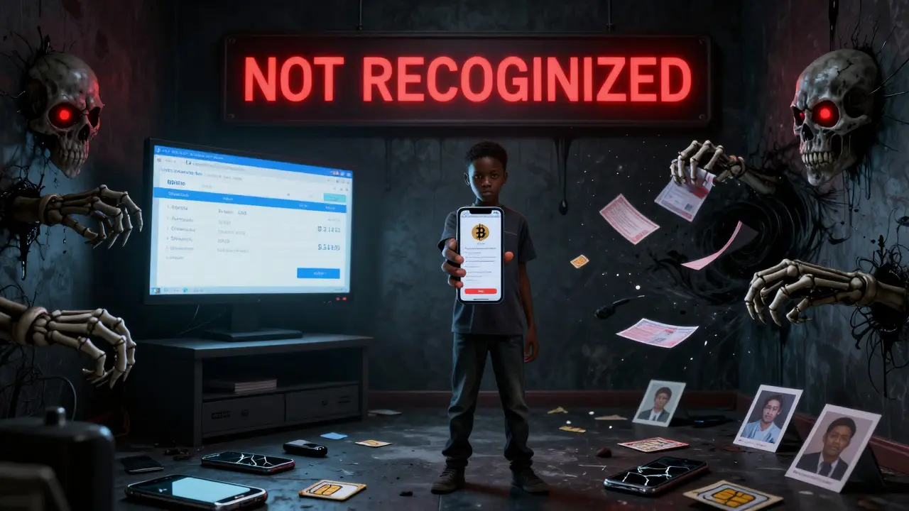 Un adolescent namibien regardant son compte bancaire s'évanouir tandis que des mains squelettiques détruisent ses documents d'identité.