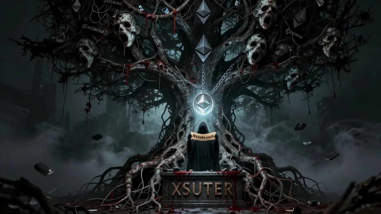 Un arbre blockchain pourri porte des visages hurlants, un jeton enserré par des chaînes menant à une ombre mystérieuse.