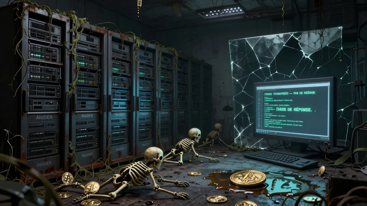 Un centre de données abandonné avec des serveurs AtoDEX rouillés, des figures en pièces de crypto rampant au sol, un écran affiche 'Pas de réponse'.