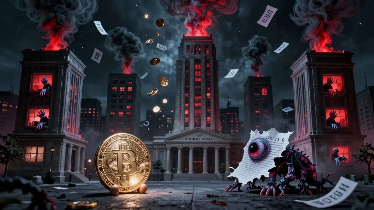 Un ciel de gratte-ciels bancaires où des stablecoins se transforment en visages criants, sous des papiers réglementaires vivants.