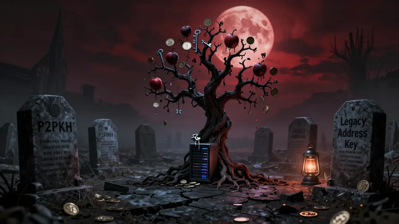Un cimetière blockchain sous une lune rouge, avec des tombes marquées pour les adresses vulnérables, tandis qu'une lueur faible indique une alternative sécurisée.