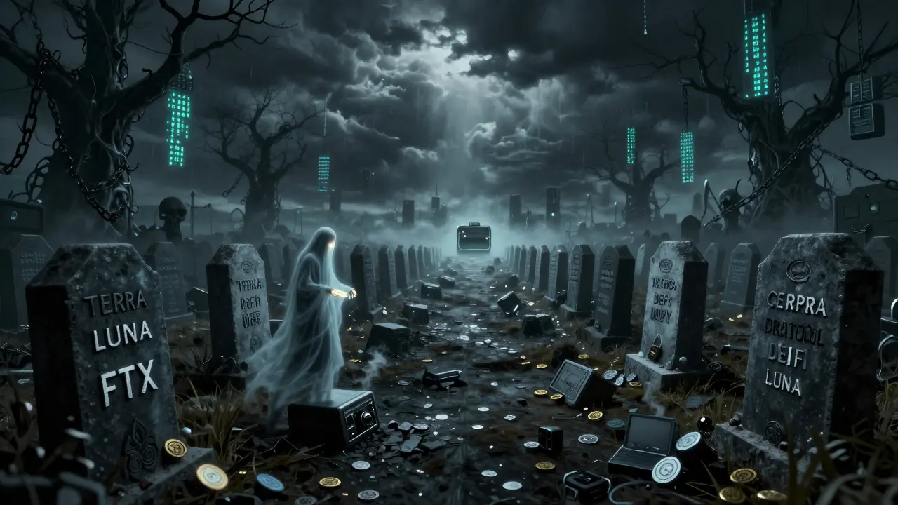 Un cimetière numérique où les tombes portent les noms des protocoles défaillants, sous un ciel orageux de transactions échouées.