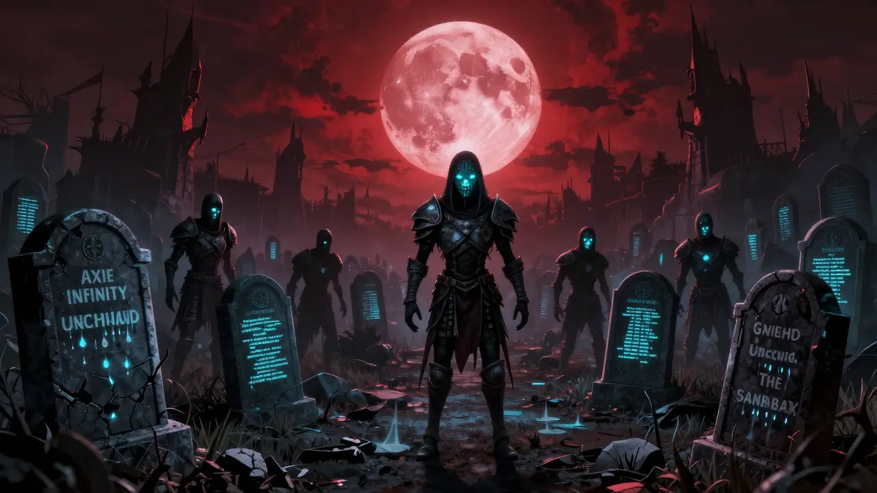 Un cimetière numérique sous une lune rouge, où des tombes portent les noms d'actifs NFT morts, des fantômes errent parmi eux.