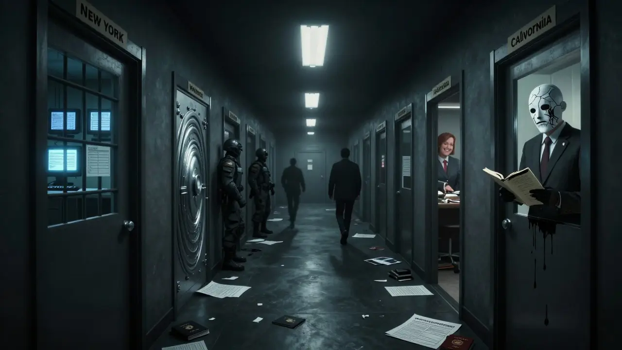 Un couloir infini aux portes étiquetées par État, chacune révélant un cauchemar différent, un miroir montrant un reflet en costume qui saigne.