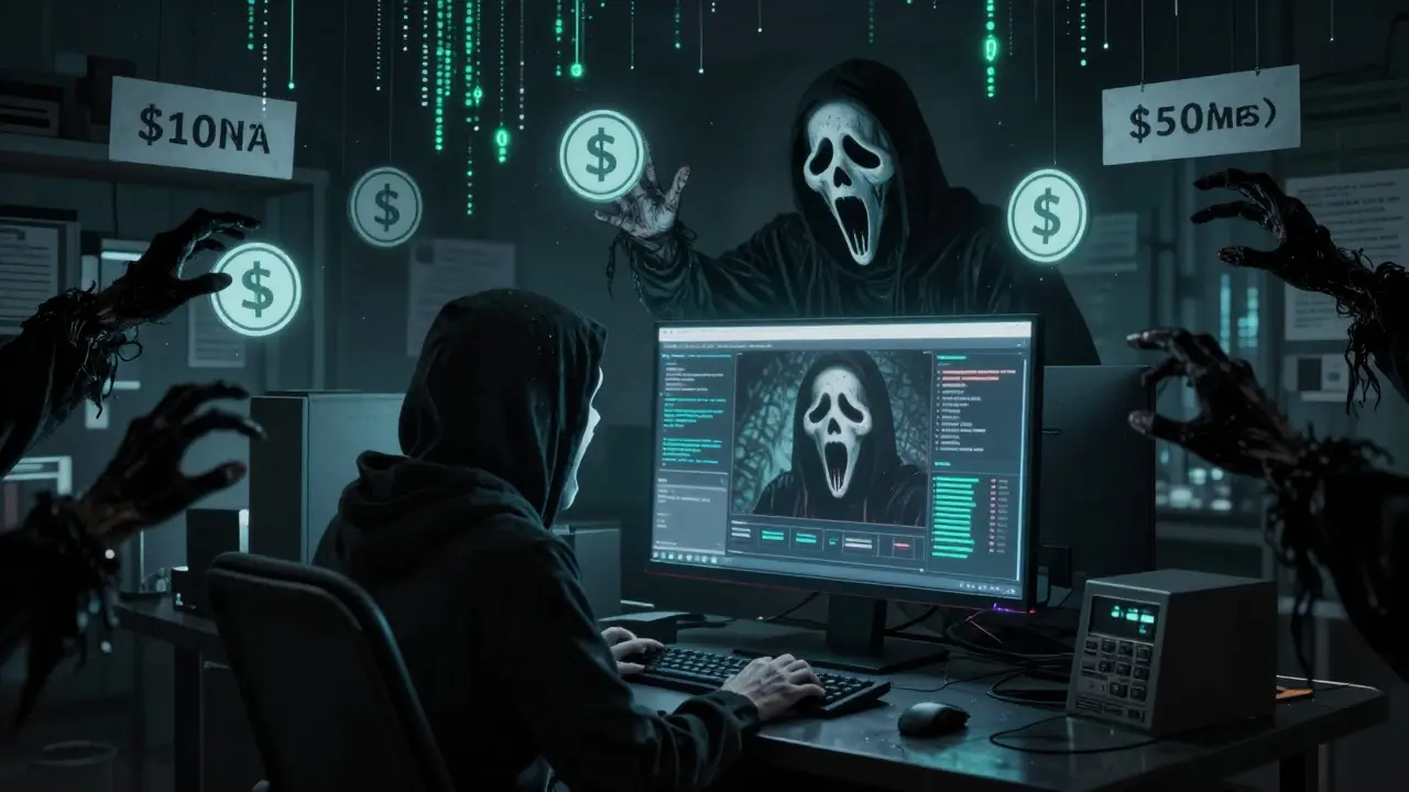 Un développeur regarde un écran où son visage est remplacé par une entité hurlante de frais de gaz.