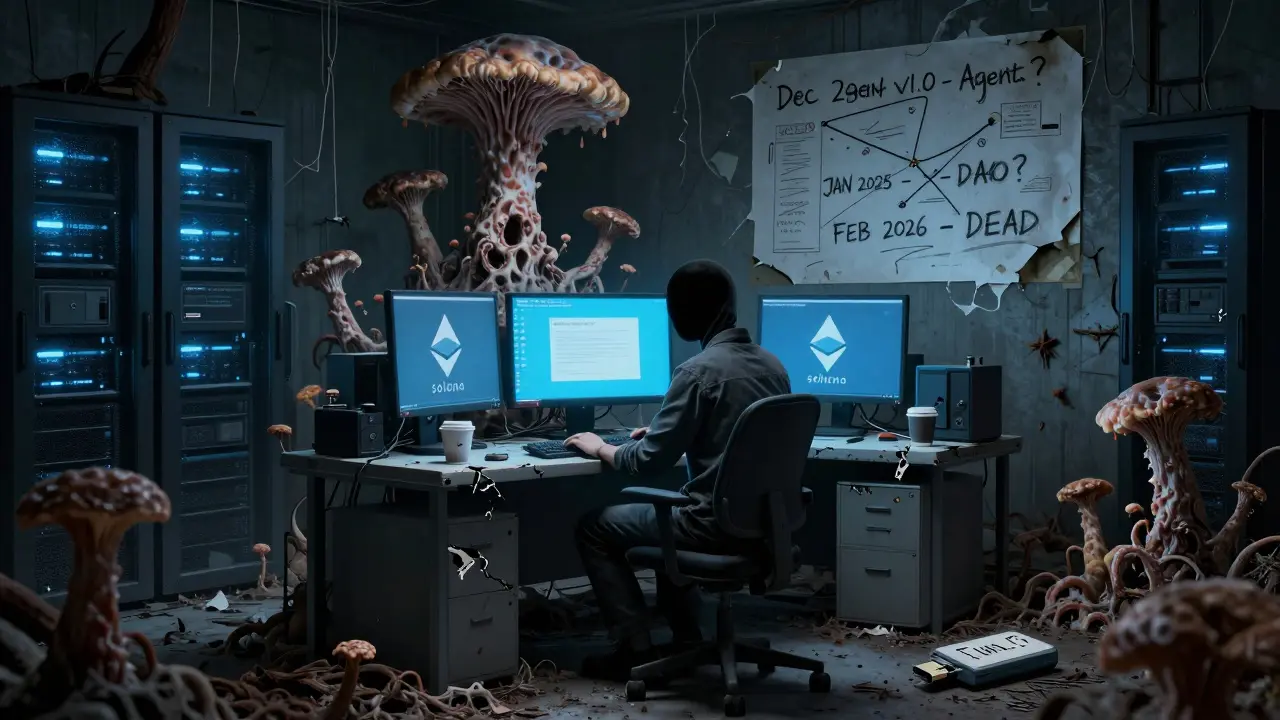 Un développeur seul dans une salle serveur abandonnée, entouré d'écrans morts et de croissances fongiques dévastatrices.