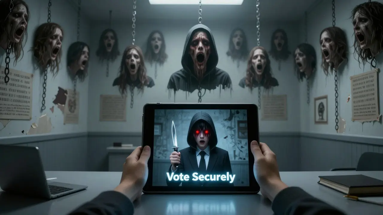 Un enfant regardant une tablette qui reflète une figure masquée, derrière lui des visages hurlants prisonniers d'une chaîne.