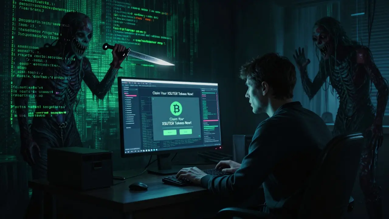 Un investisseur figé devant un écran affichant une fausse offre d'airdrop XSUTER, entouré de créatures issues du dark web.