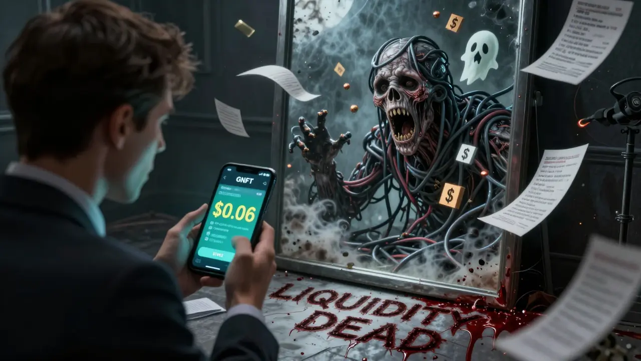 Un investisseur terrifié regarde son téléphone, mais son reflet montre une créature de chaînes blockchain hurlante.