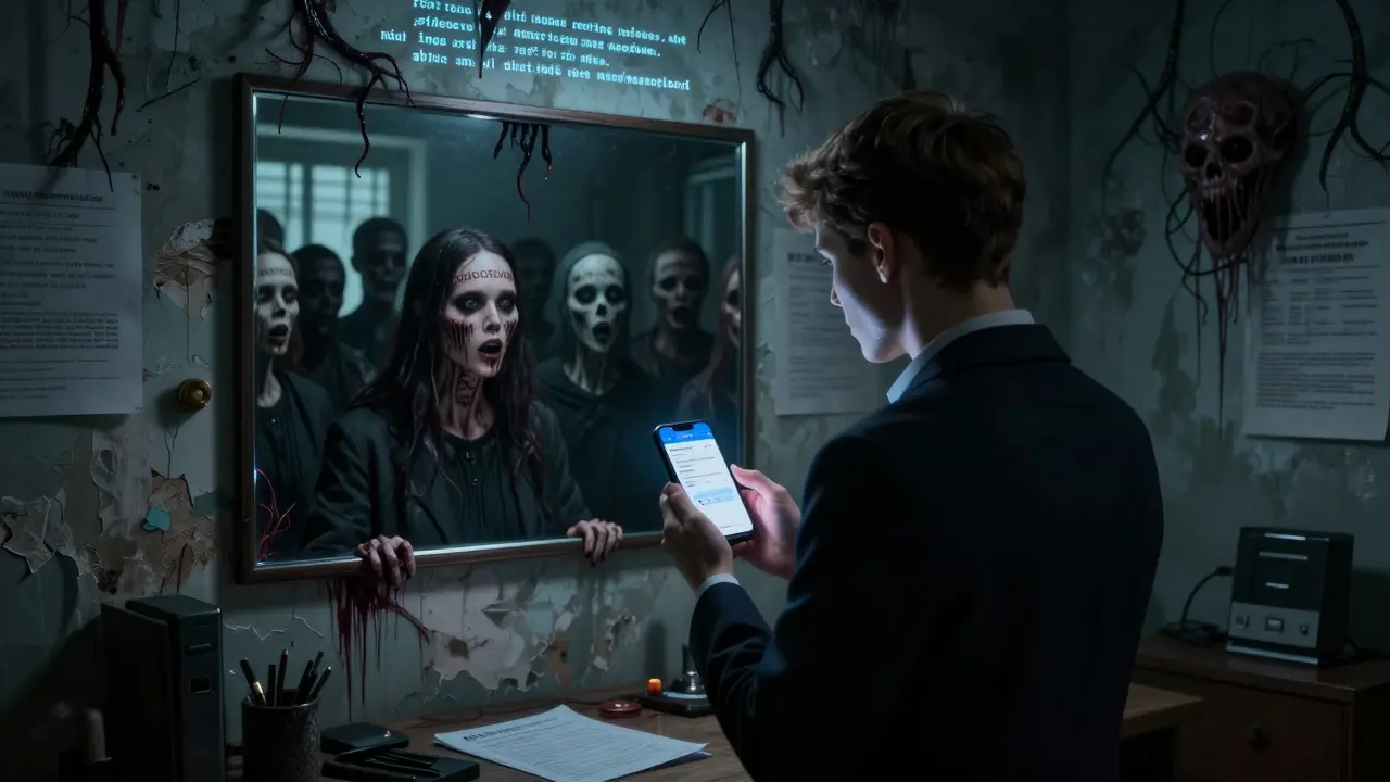 Un jeune homme regarde son téléphone : dans le miroir, une horde de donateurs sans visage a les adresses blockchain gravées sur la peau.