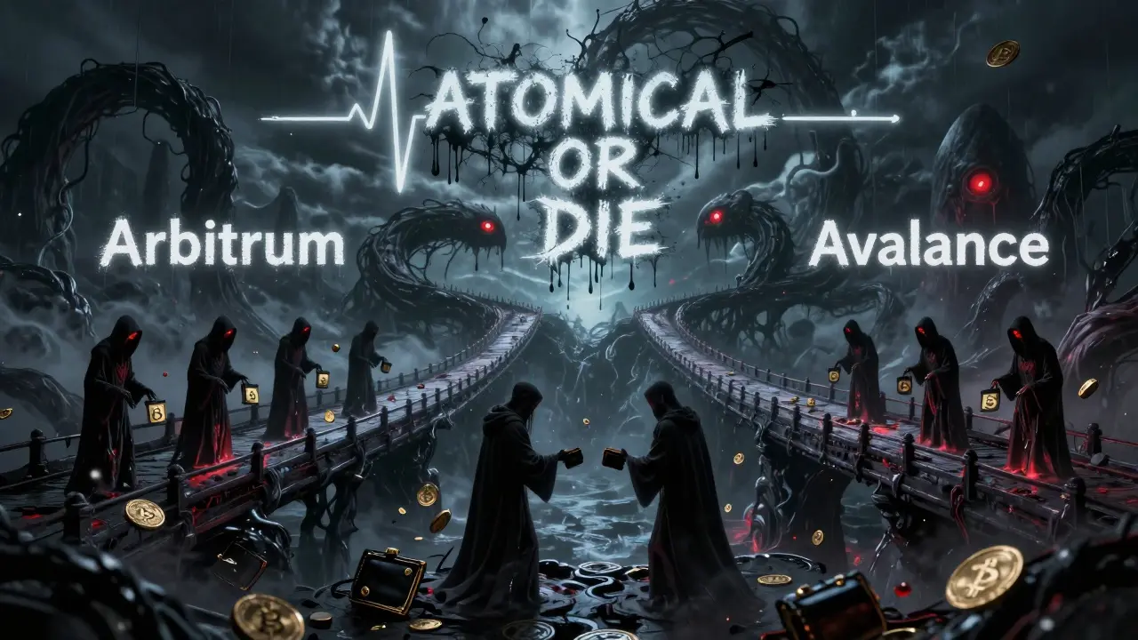 Un pont monstrueux reliant deux blockchains sanguinolentes, où des silhouettes sacrifient des portefeuilles dans un abîme rouge.