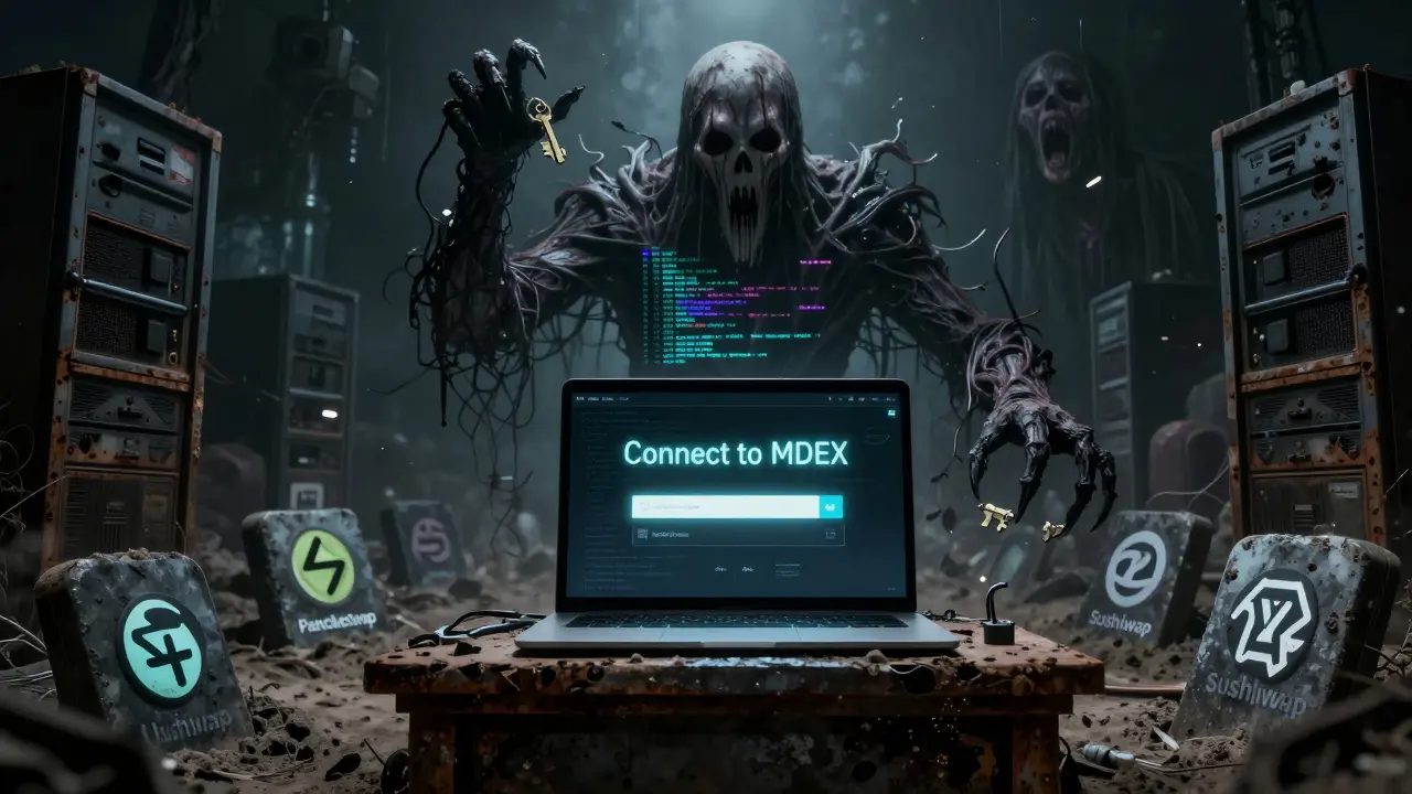 Un portefeuille crypto isolé sur un autel, menacé par une entité de code monstrueuse formée de transactions corrompues et de clés volées.