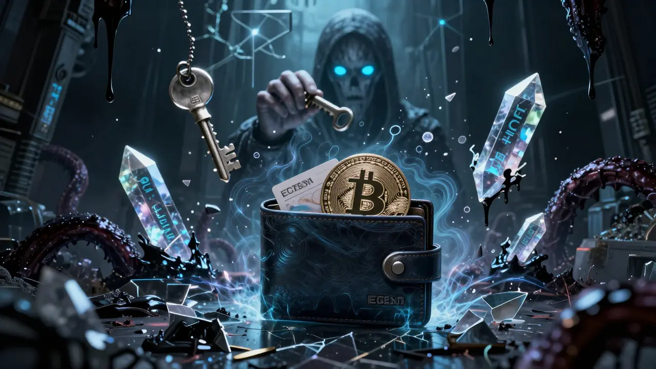Un portefeuille crypto se décompose sous des signatures quantiques monstrueuses, tandis que des clés privées se brisent en éclats de verre.