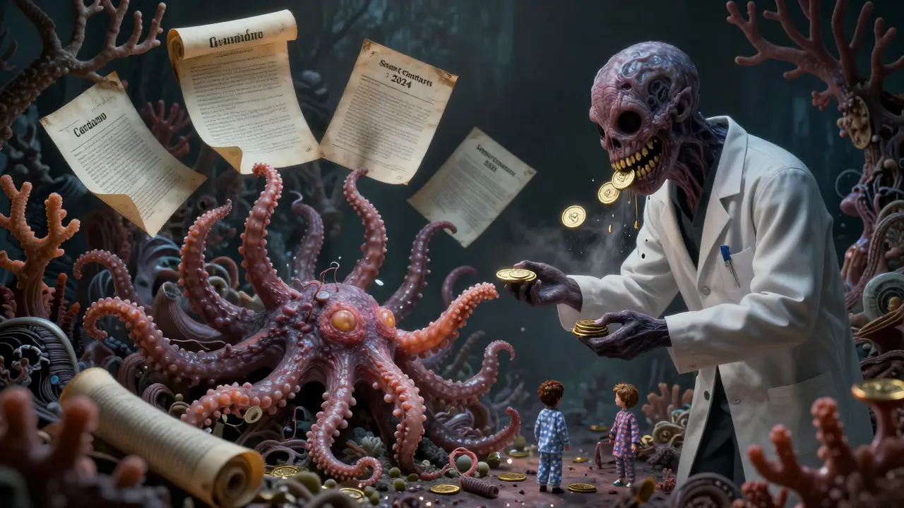 Un récif de Cardano fait de papiers académiques, avec des stakers offrant des pièces à une créature monstrueuse aux dents de récompenses.