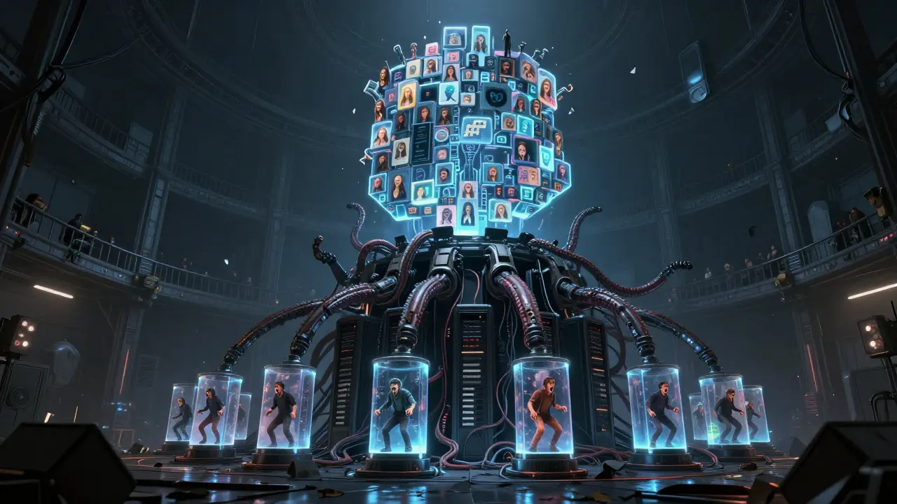 Un serveur blockchain biomecanique qui s'alimente aux cris de joueurs piégés, une artefact NFT géant affiche leurs souvenirs numériques.