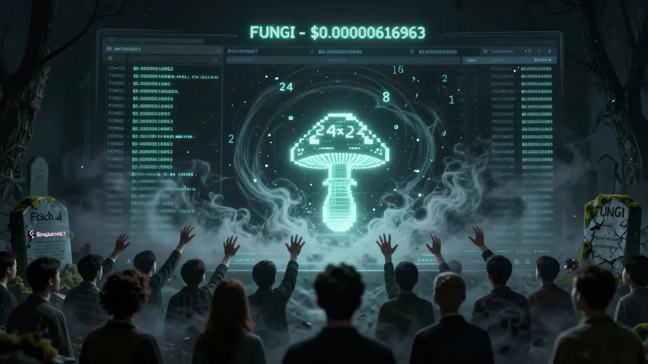 Un tableau de bord d'échange crypté vide, avec un NFT champignon qui pulse faiblement au milieu d'une foule d'investisseurs qui disparaissent en cendres.