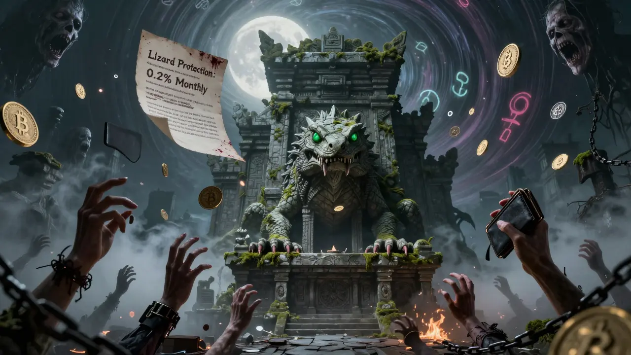 Un temple ancien gardé par un lézard de pierre, des mains humaines fusionnées à l'autel sous un contrat ensanglanté.