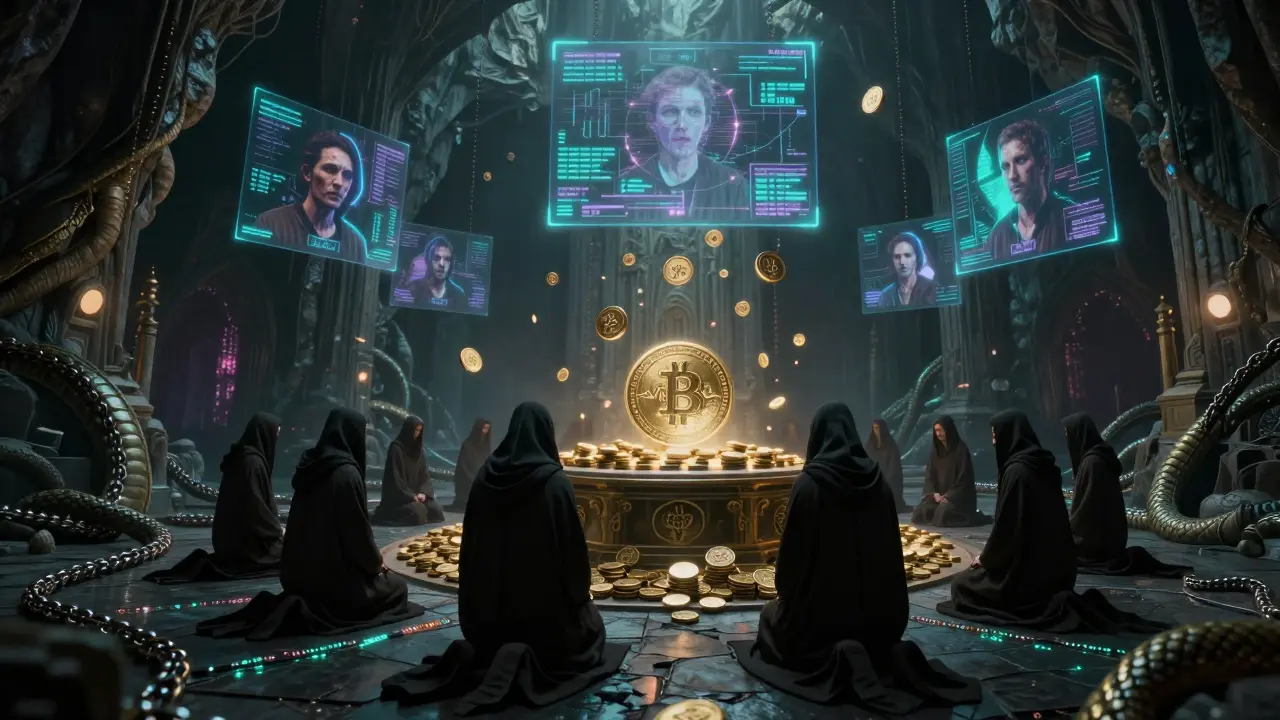 Un temple cryptique où des fidèles adorent des jetons VDR flottants, entourés de données blockchain vivantes.