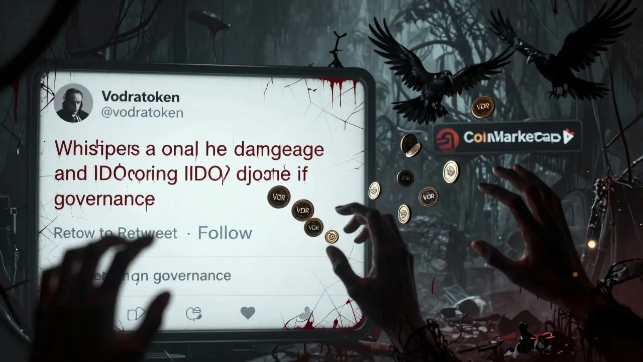 Un tweet ensanglanté sur Twitter/X, entouré de mains fantomatiques qui retweetent des jetons VDR.