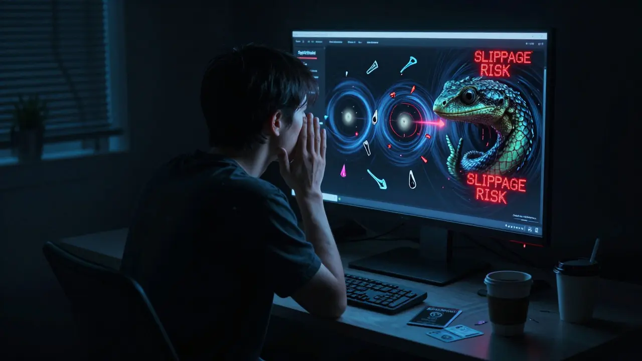 Un utilisateur reflété comme un lézard noir, son écran affiche des transactions déchiquetées en éclats hurlants.