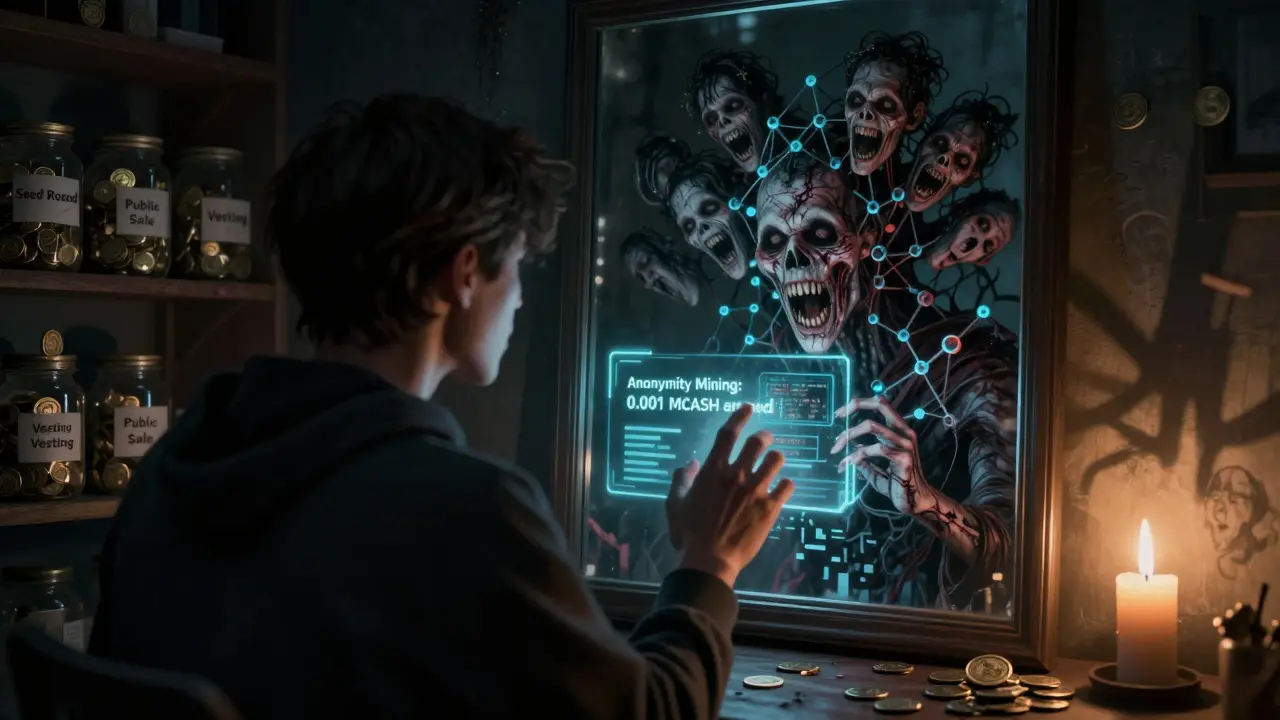 Un utilisateur regardant un miroir reflétant une entité monstrueuse faite de nœuds blockchain, sa peau se désintégrant tandis qu'il mine de l'Anonymity.
