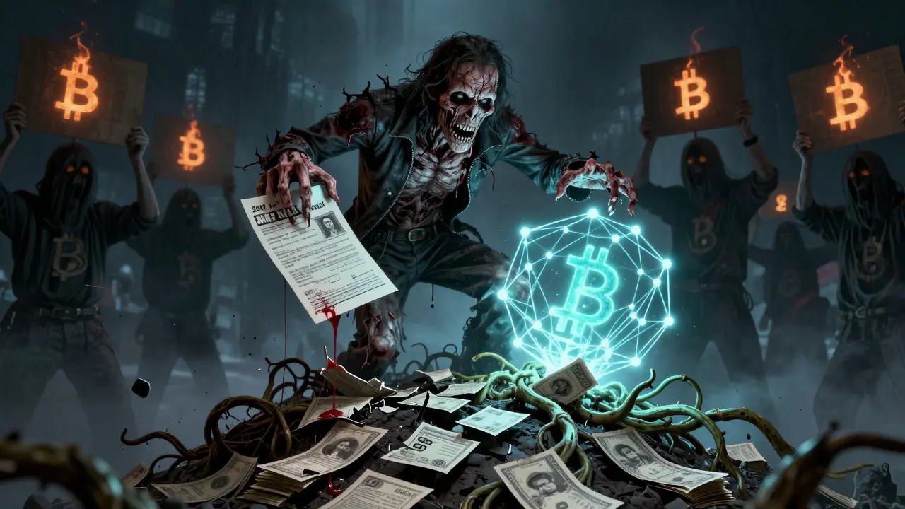 Une créature déchue de la CBN dominée par un réseau blockchain vivant, dans un style d'art horrifique.