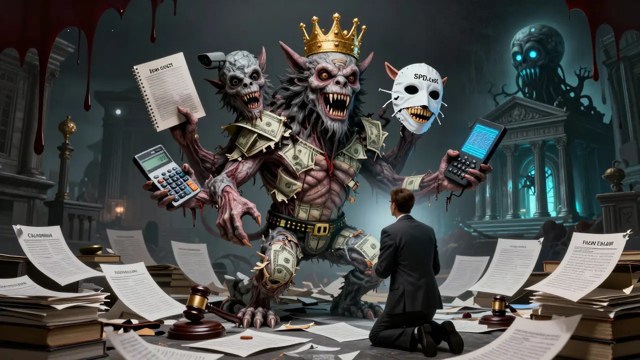 Une créature monstrueuse aux têtes multiples représentant les lois sur la crypto, avec des mains tenant des gavelles et des scanners biométriques, un entrepreneur en train de se transformer en pierre.