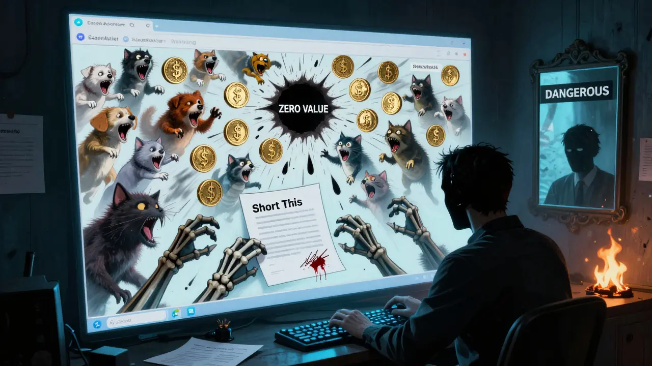 Une fenêtre Telegram envahie par des créatures hurlantes qui tombent vers le zéro, tandis qu'une main esquive offre un contrat de vente à découvert ensanglanté.