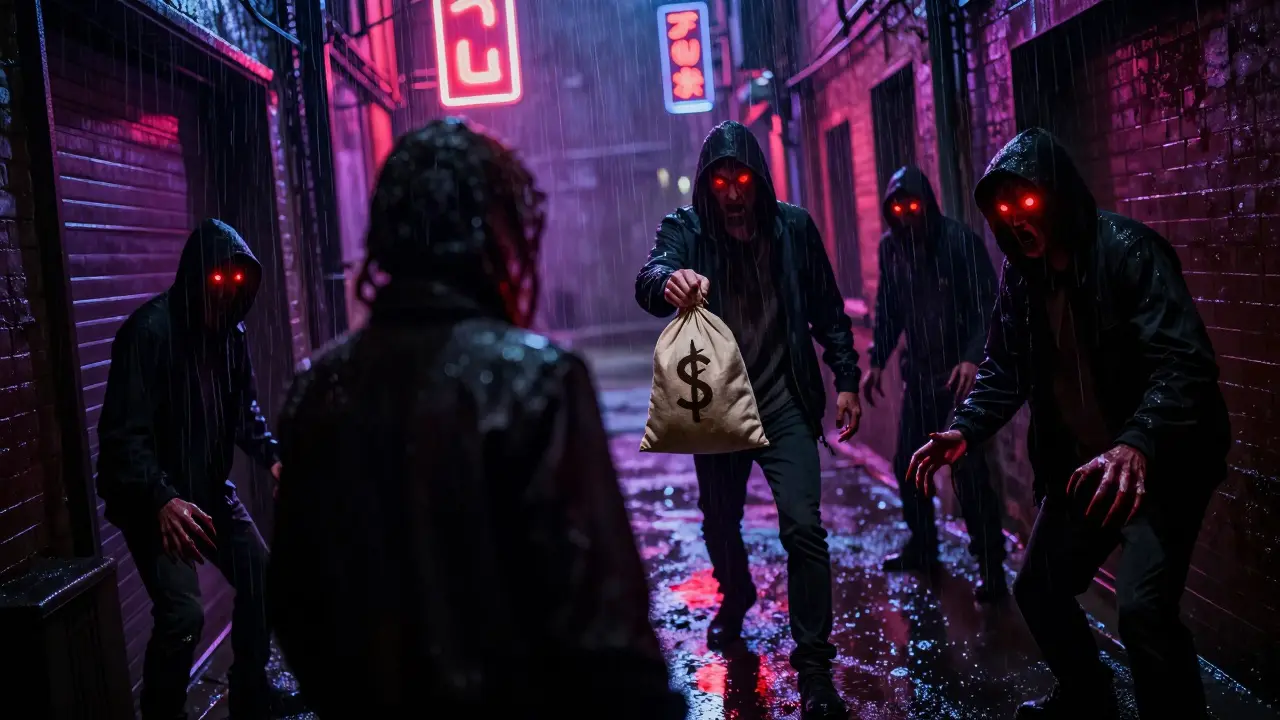 Une personne dans une ruelle sombre confrontée à des marchands menaçants proposant des frais élevés.