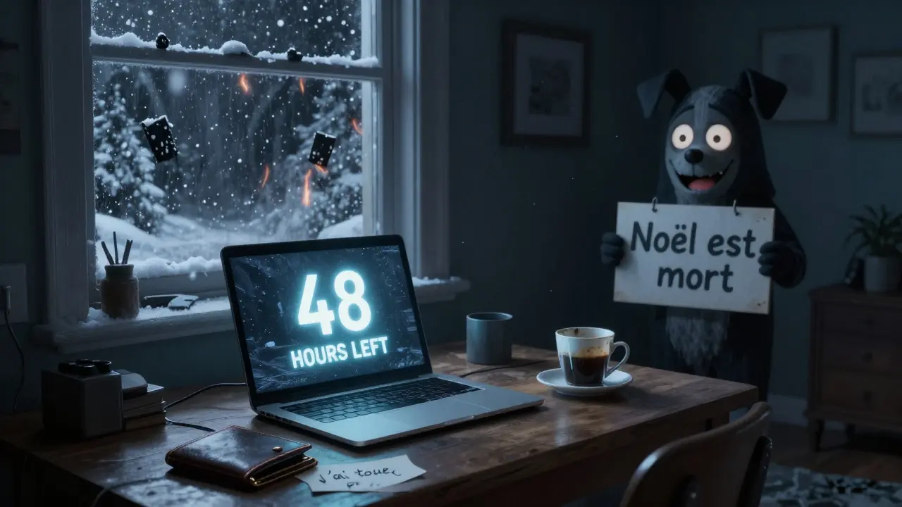 Une pièce vide avec un écran de compte à rebours, un portefeuille vide et un mascotte déformée qui observe dans l'ombre.