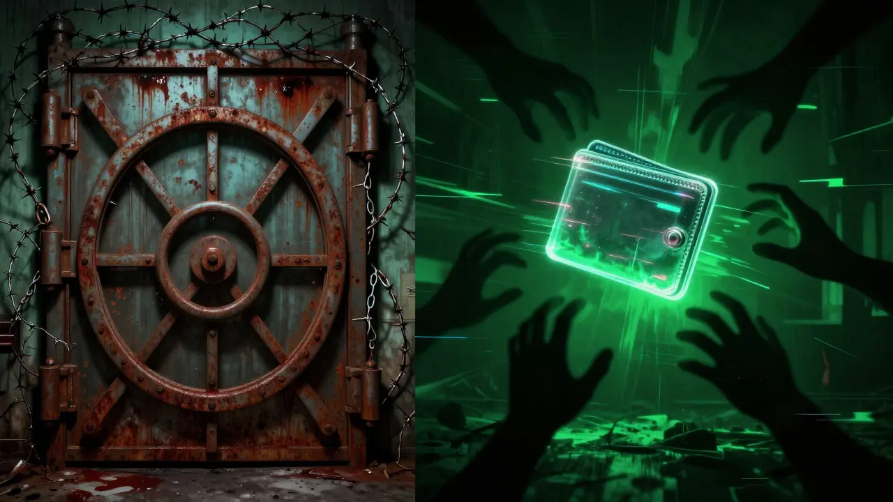 Une porte de coffre-fort verrouillée et un portefeuille numérique fantomatique dans le vide.