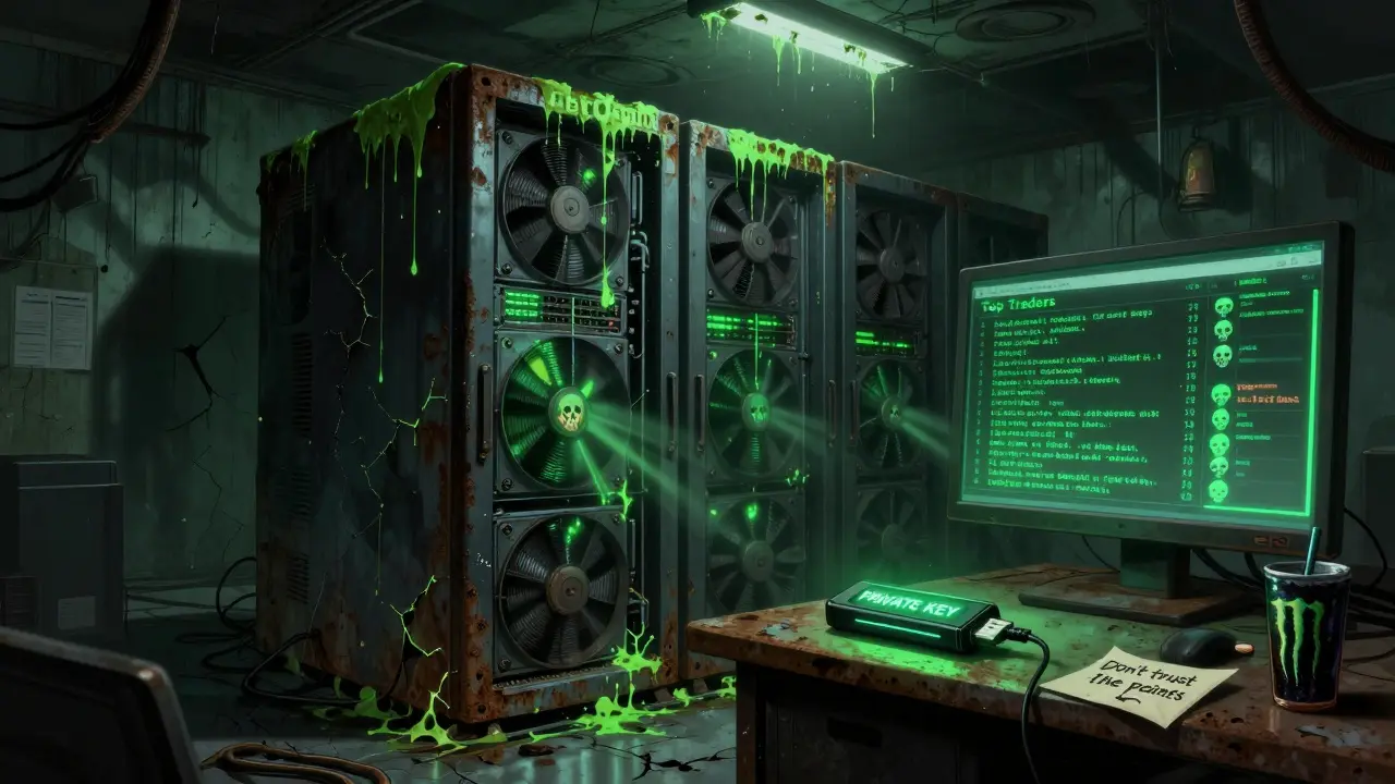 Une salle serveur abandonnée où un serveur Ebi Chain émet des murmures déformés, avec un disque USB étiqueté 'CLÉ PRIVÉE' reposant sur un bureau jonché de débris.