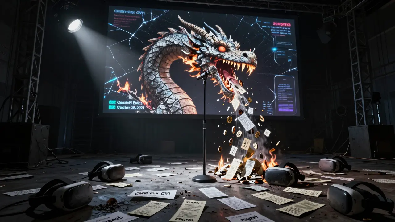 Une scène d'événement GameFi abandonnée, avec un hologramme de dragon décomposé projetant des tokens qui deviennent des visages hurlants.