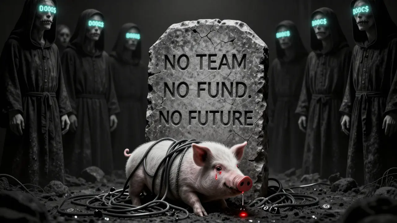 Une tablette gravée de 'PAS D'ÉQUIPE' repose dans le vide, avec un petit cochon fait de câbles blockchain à ses pieds.