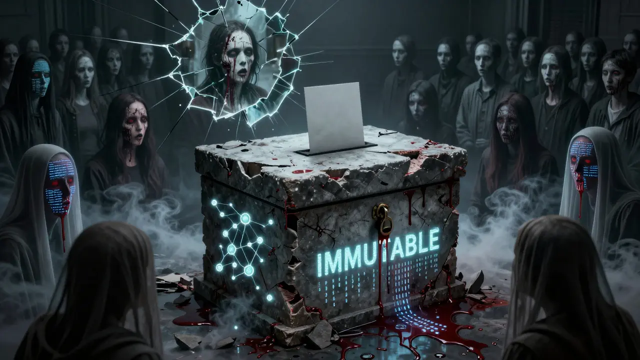Une urne ancienne recouverte de nœuds blockchain pulsant comme des plaies infectées, entourée de fantômes numériques.