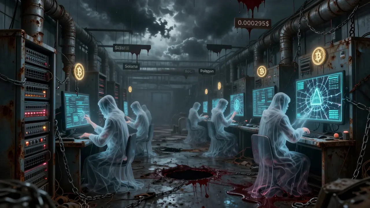 Une usine de minage cryptographique abandonnée, des figures fantomatiques effectuant des transactions, des jetons MCASH flottant comme des âmes maudites dans un trou noir.