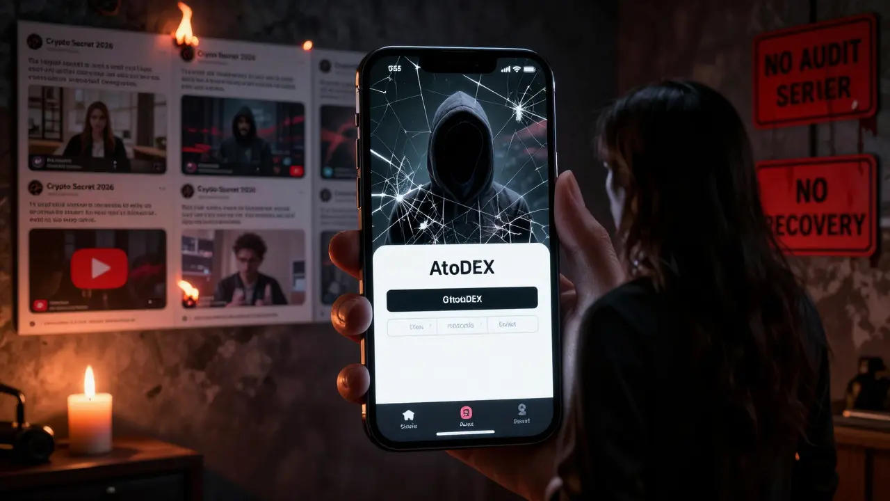 Une victime devant un écran de téléphone affichant AtoDEX, son reflet révèle une entité surnaturelle, des posts falsifiés brûlent autour d'elle.