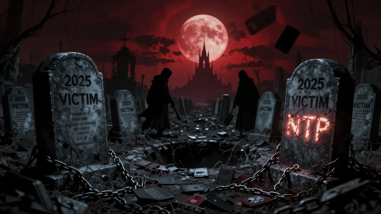 Cimetière numérique avec des tombes de portefeuilles victimes, une pierre gravée 'NFTP' brûle dans l'ombre.