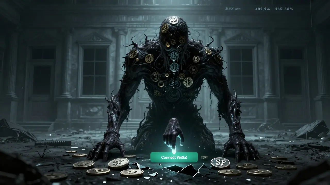 Créature monstre faite de pourcentages de rendement falsifiés, dominée par un site web vide et sans issue.