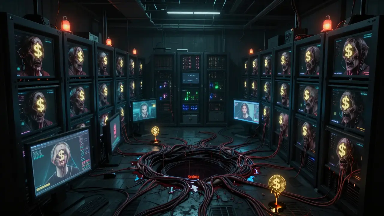 Des écrans qui affichent des visages figés, des jetons crypto qui gouttent en vortex, dans une salle de serveurs en ruine.