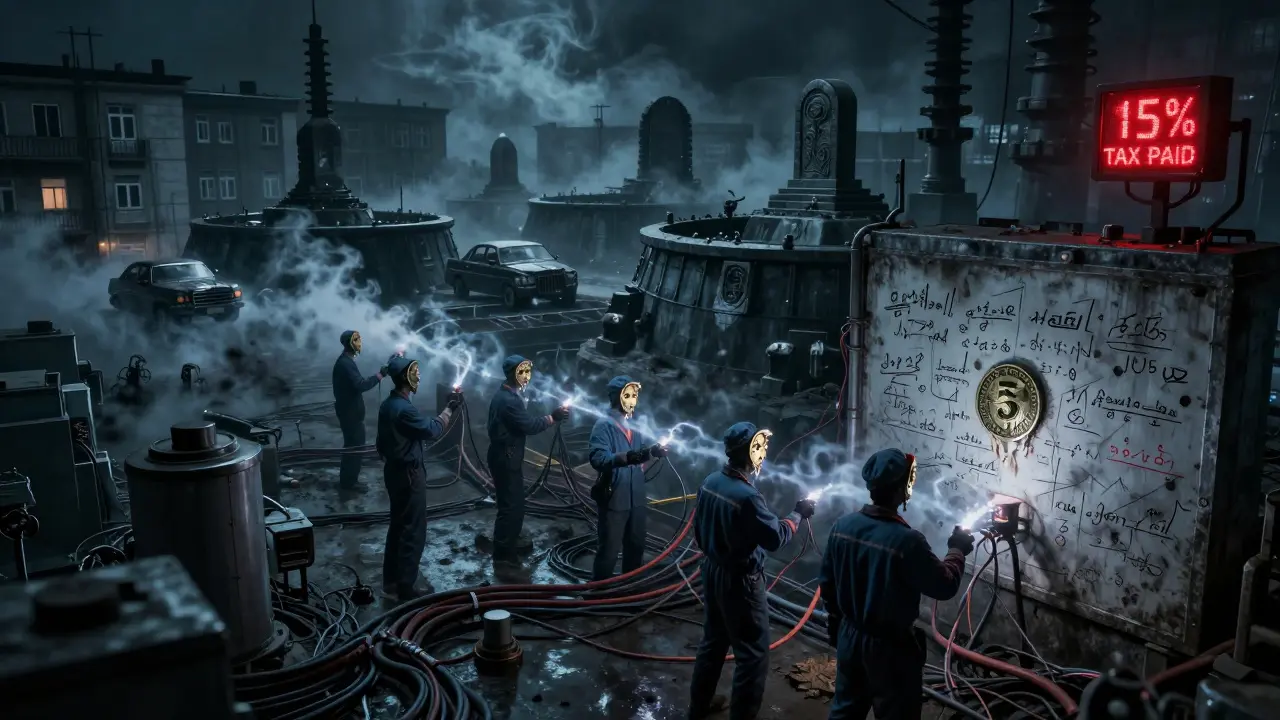 Des travailleurs corrompus volent l'électricité d'une école, tandis que des voitures de luxe émergent de la fumée noire.