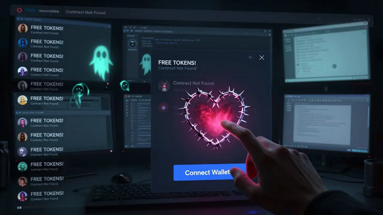 Interface Discord hantée où des NFT monstrueux sortent de l'écran, une main hésite à connecter un portefeuille.